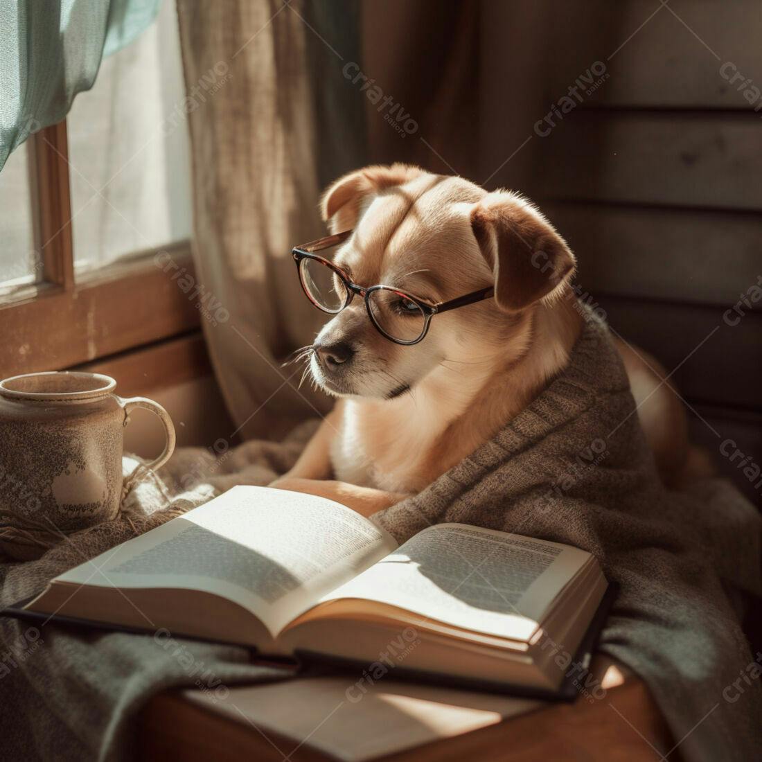 Cachorro lendo livro usando óculos perto da janela