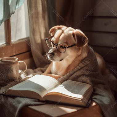 Foto de um lindo cachorro de oculos lendo um livro