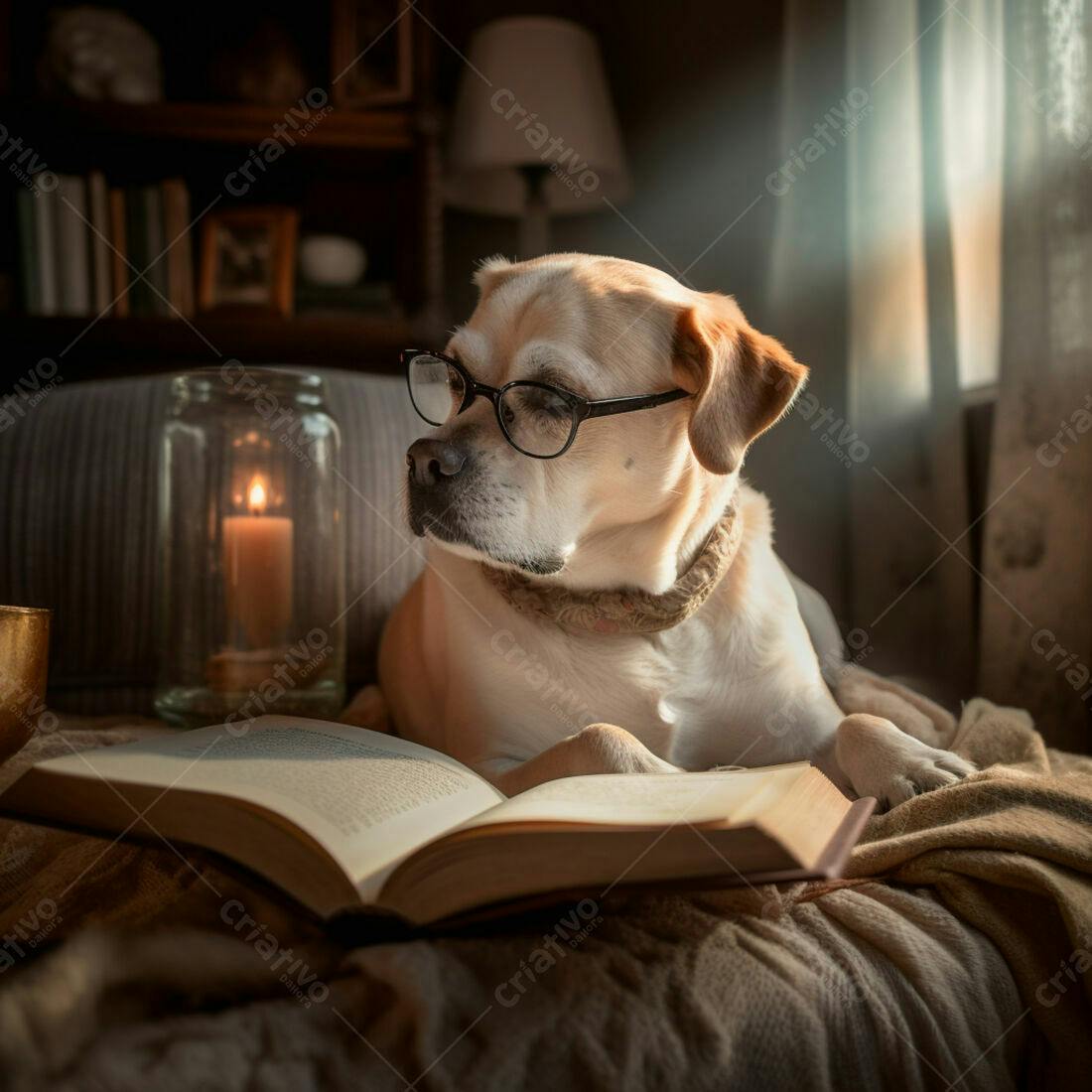 Cachorro lendo livro com óculos ambiente aconchegante