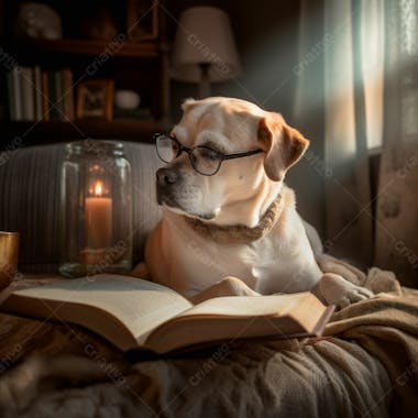 Foto de um lindo cachorro de oculos lendo um livro