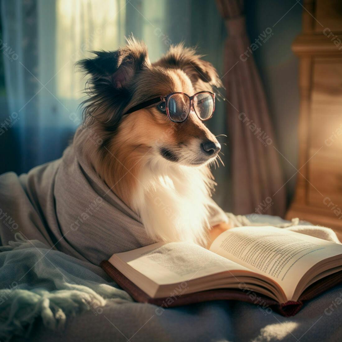 Cachorro lendo livro com óculos
