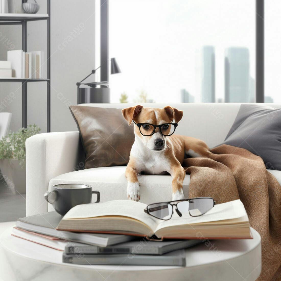 Cachorro com óculos lendo livro na sala