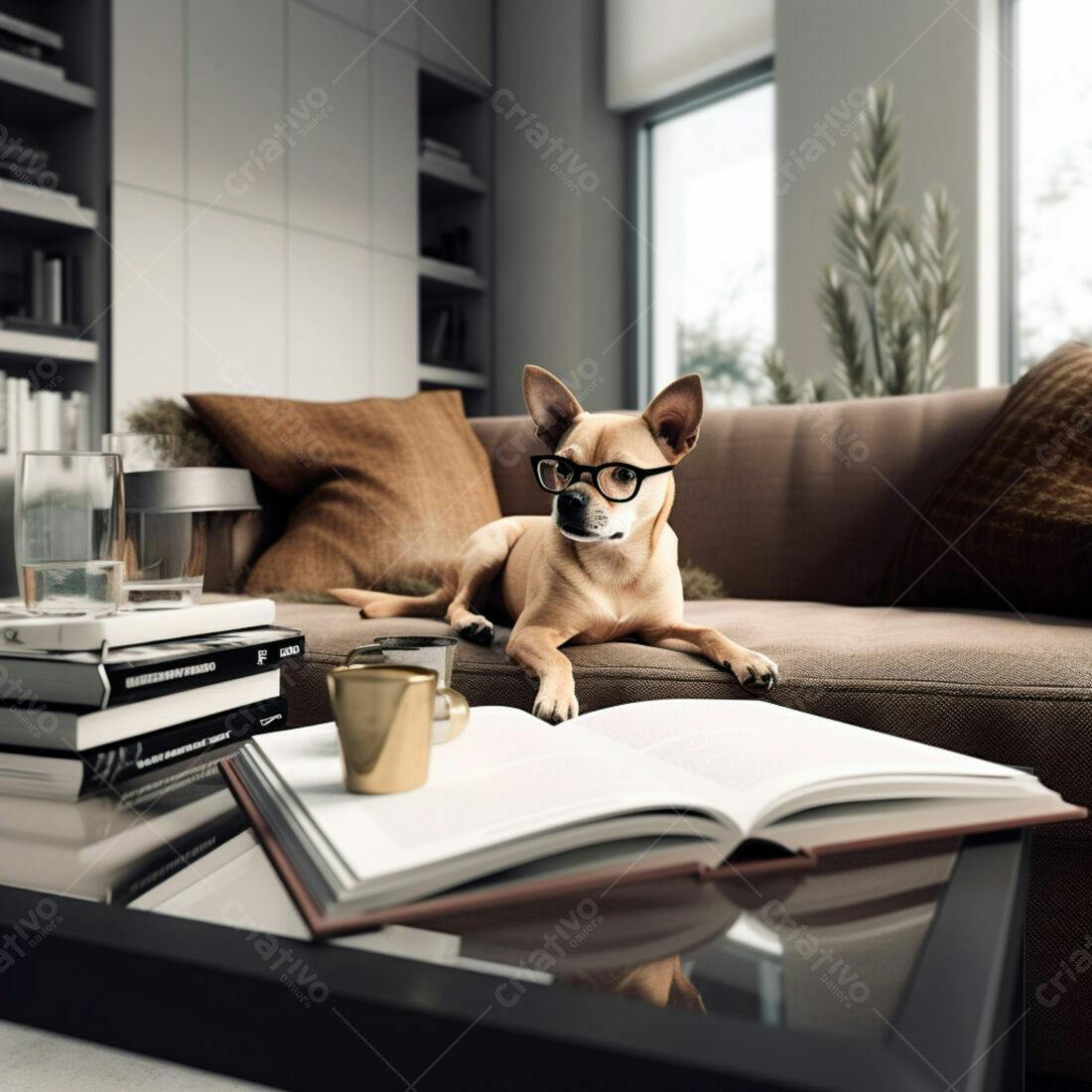 Cachorro Chihuahua com óculos lendo livro na sala