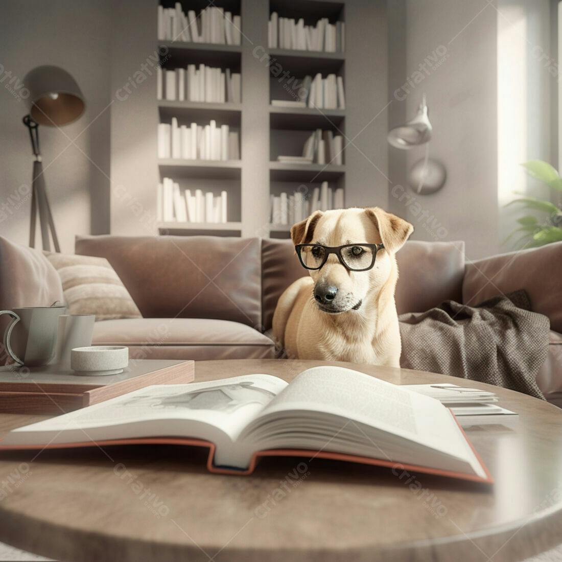 Cachorro com óculos lendo livro na sala