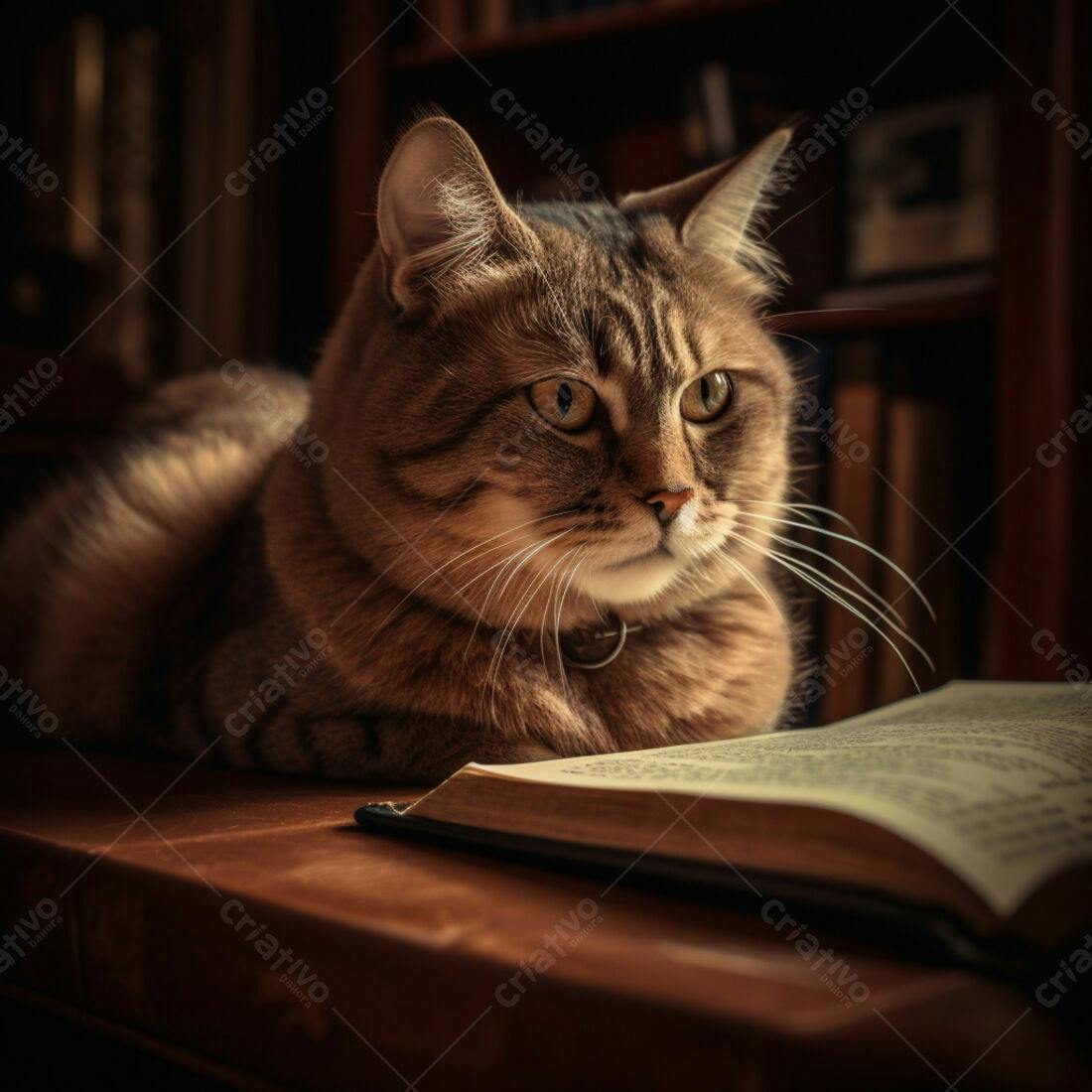 Gato marrom lendo livro antigo em biblioteca