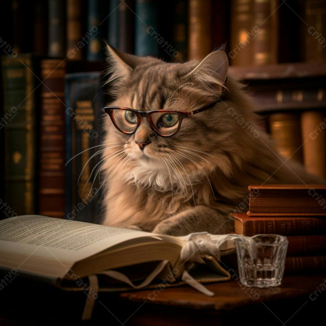 Gato lendo livro usando óculos em biblioteca