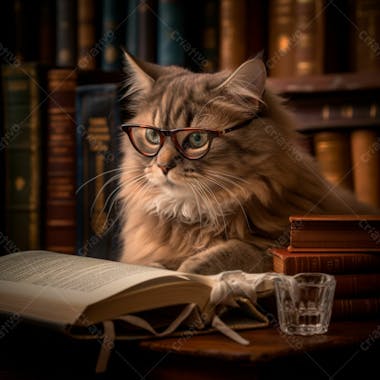 Foto de um lindo gato de oculos lendo um livro