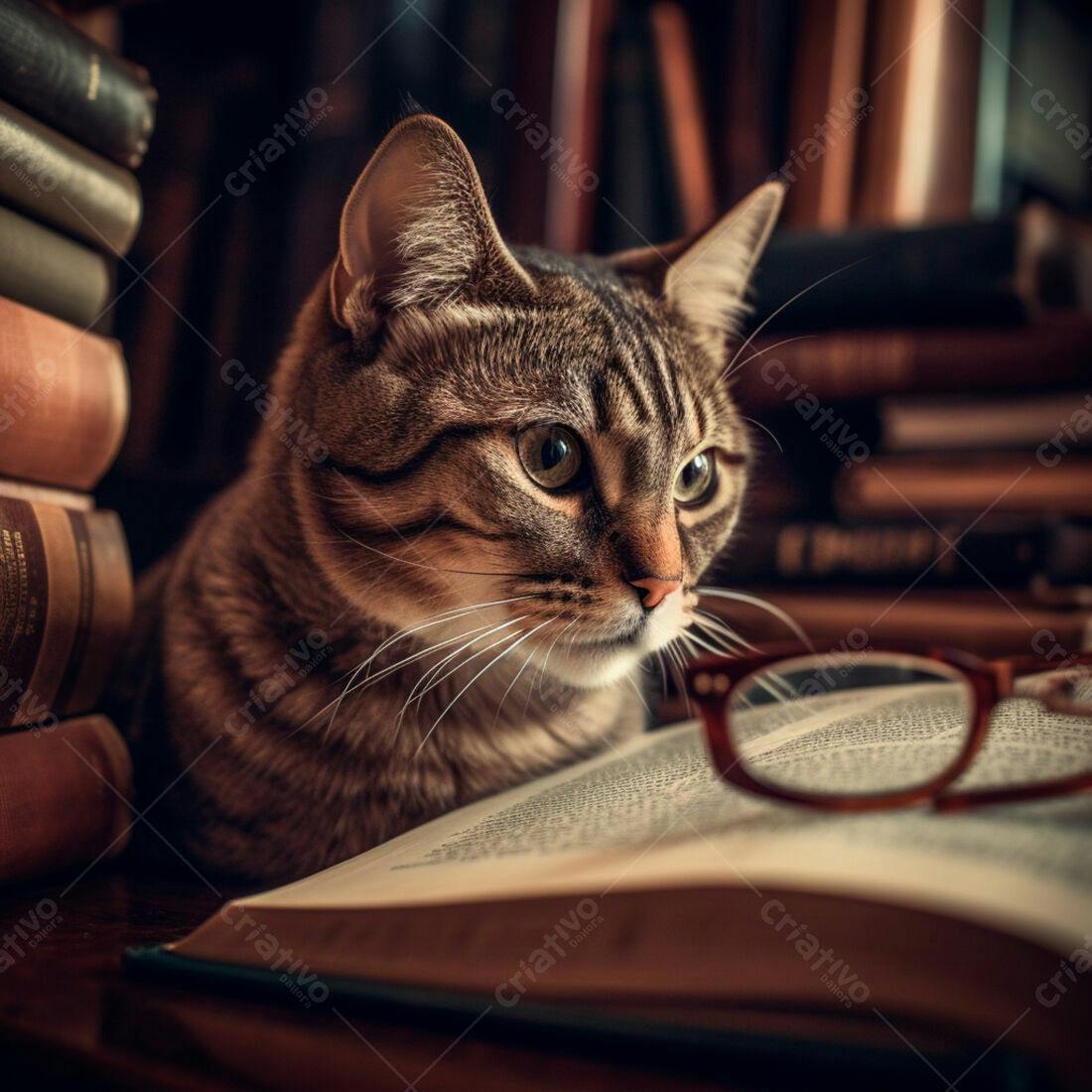 Gato Malhado Lendo Livro em Biblioteca