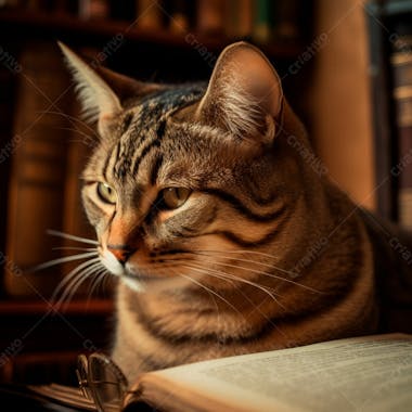 Foto de um lindo gato de oculos lendo um livro