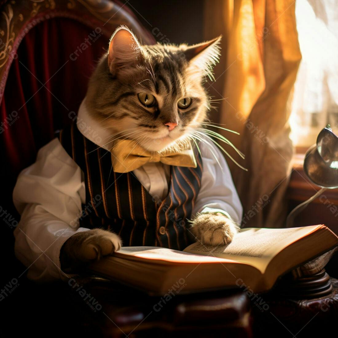 Gato lendo livro em poltrona clássica