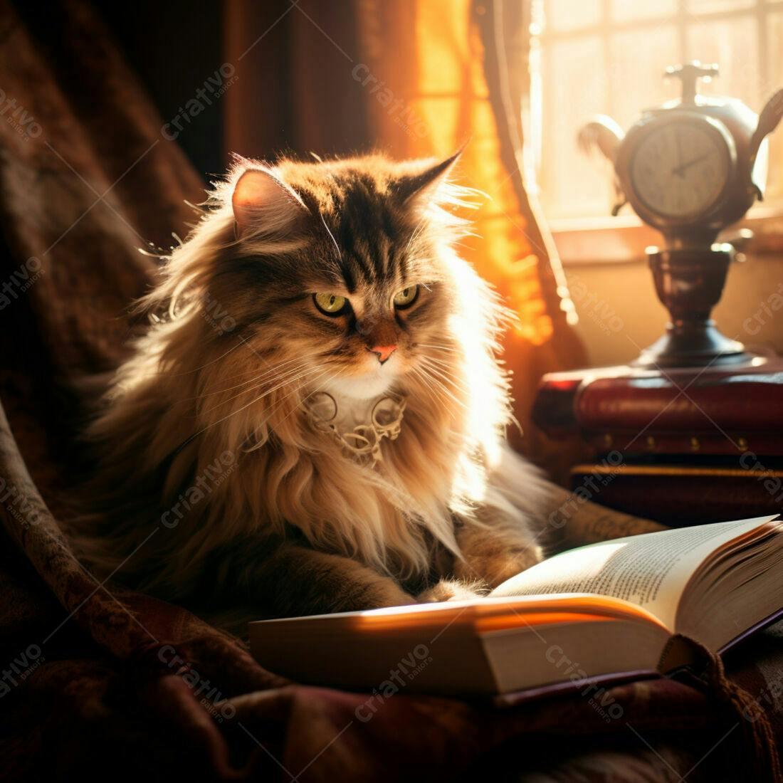 Gato lendo livro em ambiente aconchegante