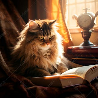 Foto de um lindo gato de oculos lendo um livro