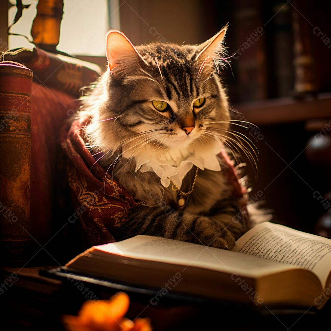Gato lendo livro antigo com roupa elegante