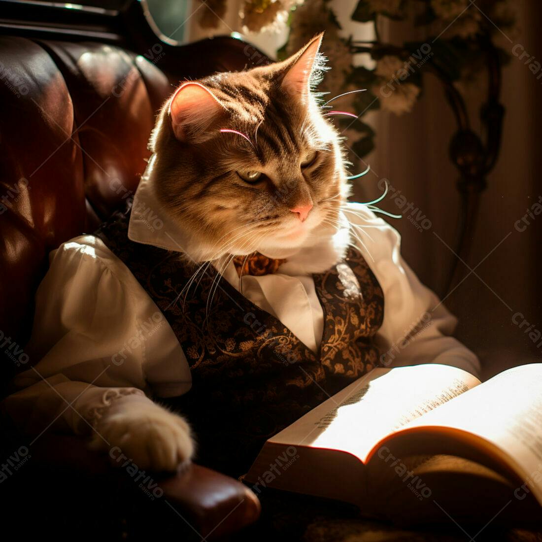 Gato lendo livro em poltrona clássica