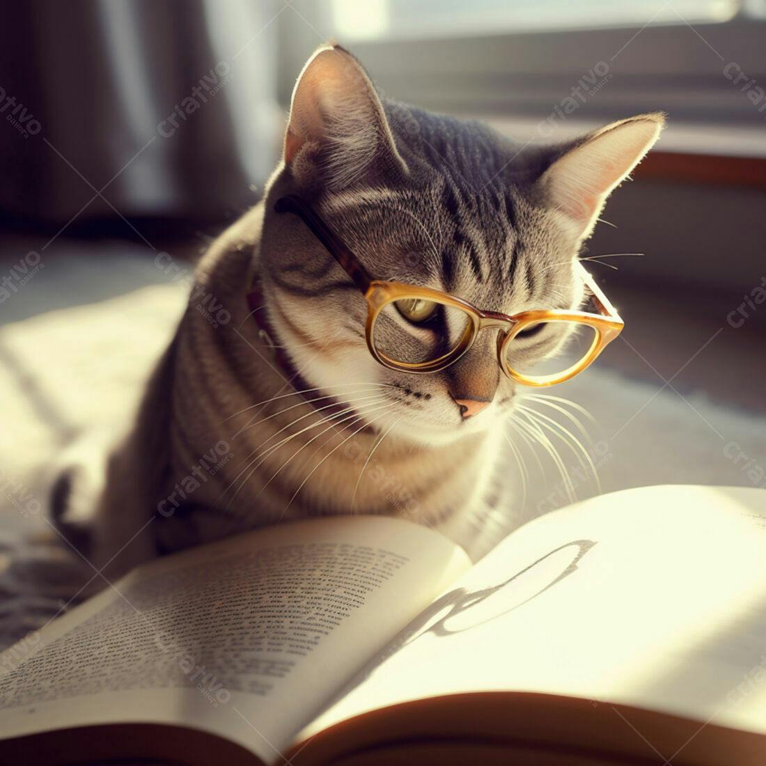 Gato lendo livro com óculos