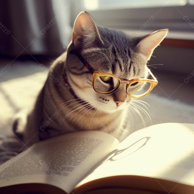 Foto de um lindo gato de oculos lendo um livro