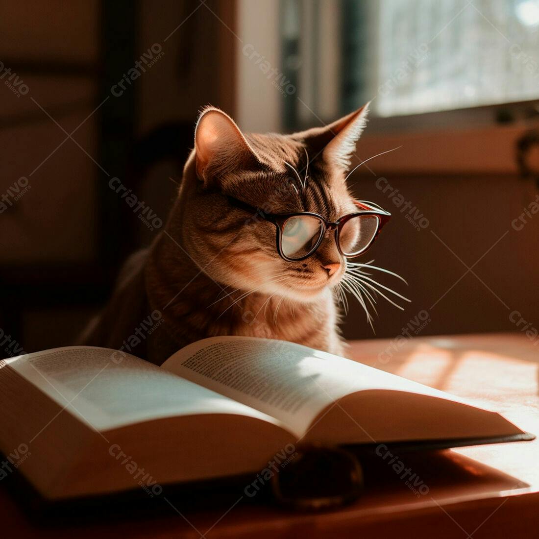 Gato lendo livro com óculos