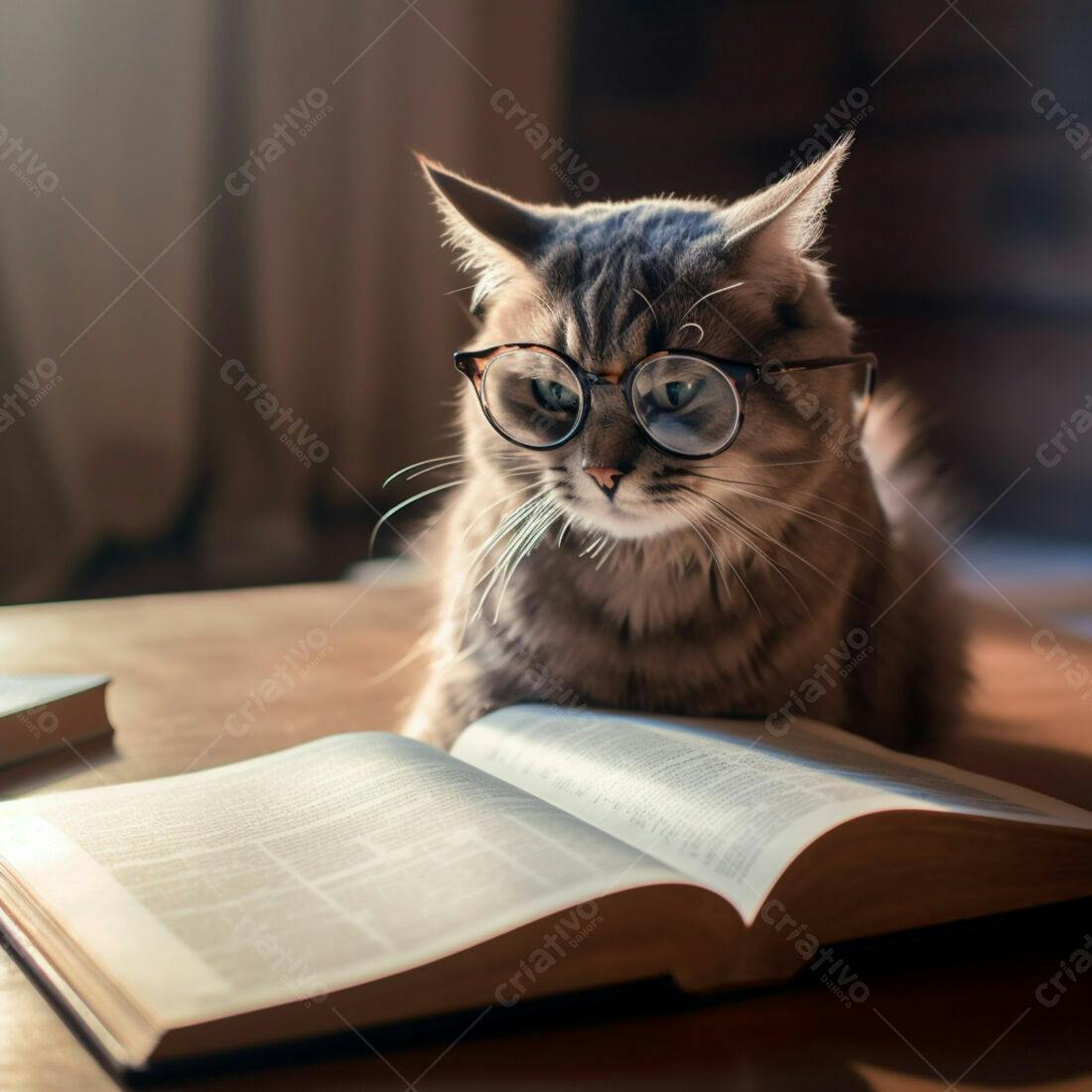 Gato lendo livro com óculos