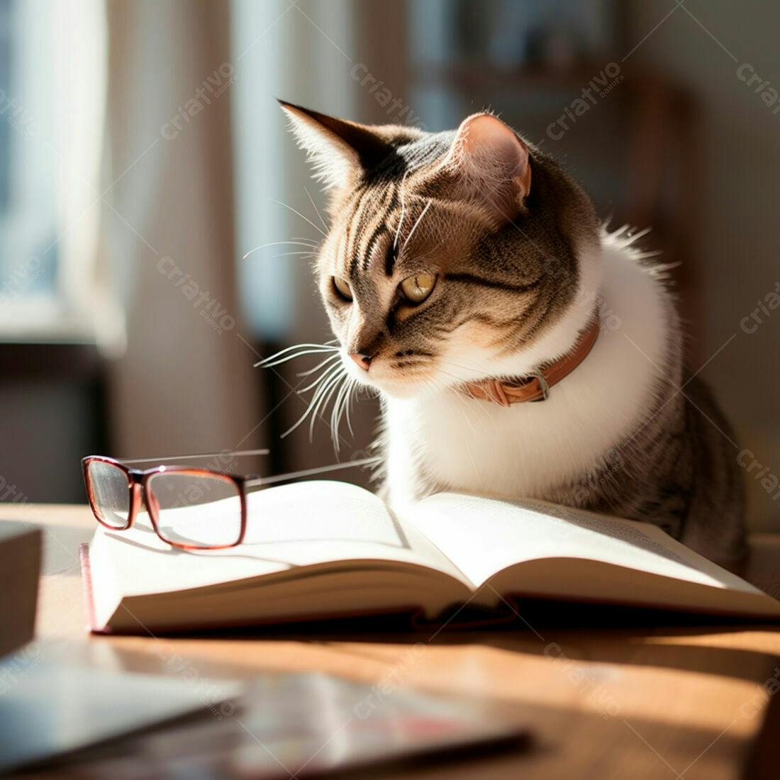 Gato lendo livro em mesa iluminada