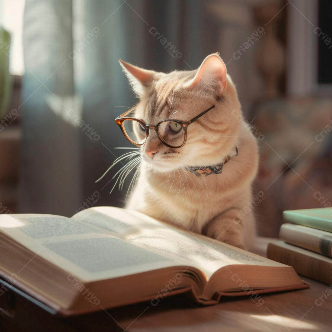 Gato com óculos lendo livro em casa