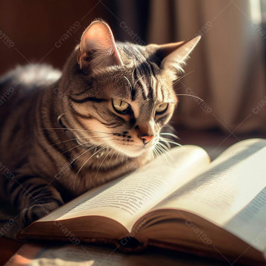 Gato listrado lendo livro ao sol
