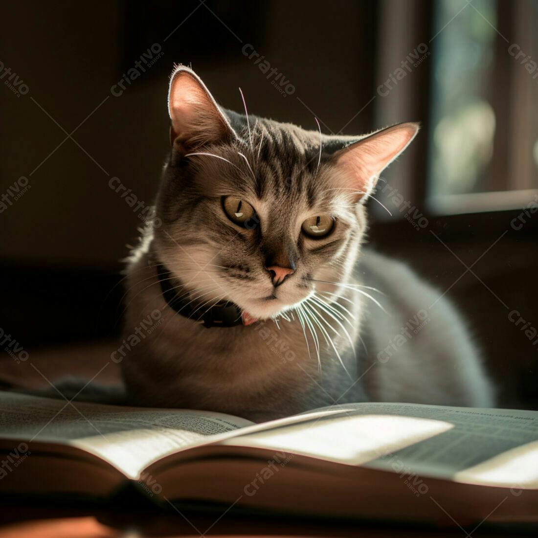 Gato cinza lendo livro ao sol