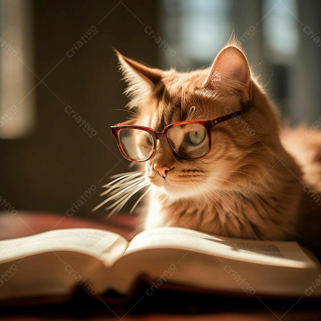 Gato lendo livro com óculos