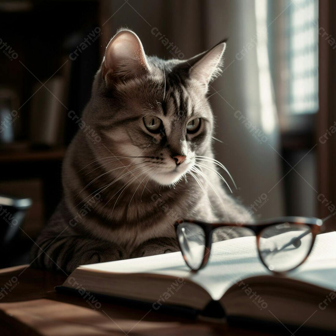 Gato cinza observando livro e óculos