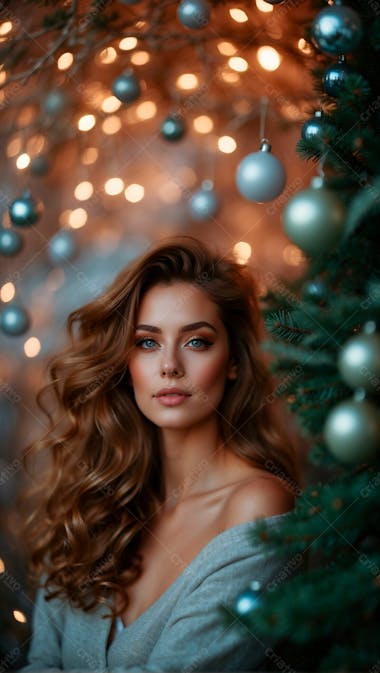 Foto de uma linda mulher com tematica de natal com árvores de natal