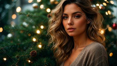 Foto De Uma Linda Mulher Com Tematica De Natal Com Árvores De Natal  (8)