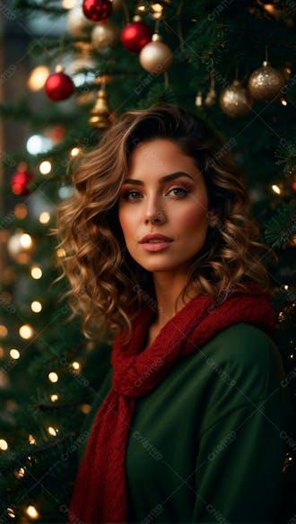 Foto de uma linda mulher com tematica de natal com árvores de natal