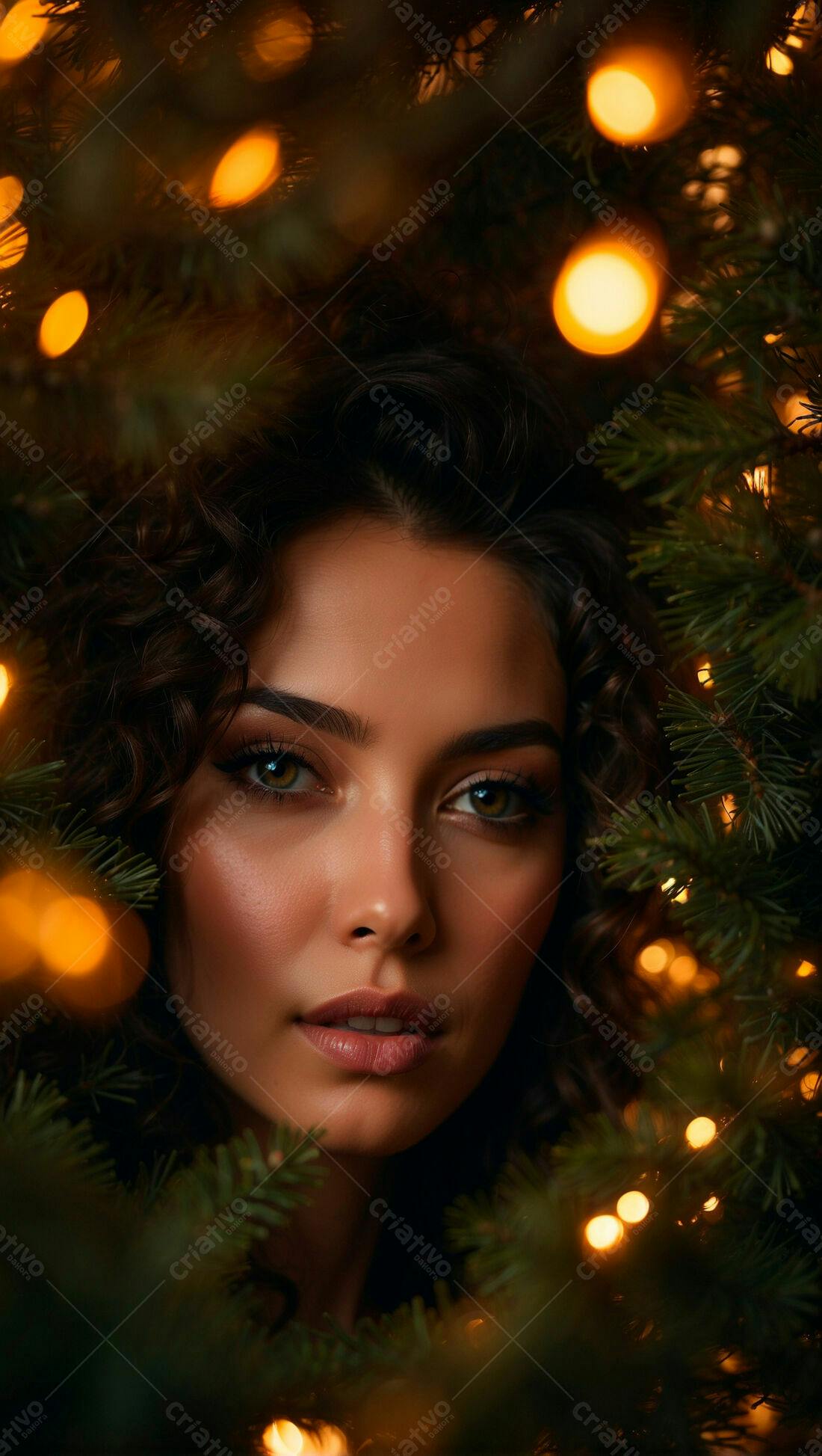 Mulher com cabelos cacheados em árvore de Natal