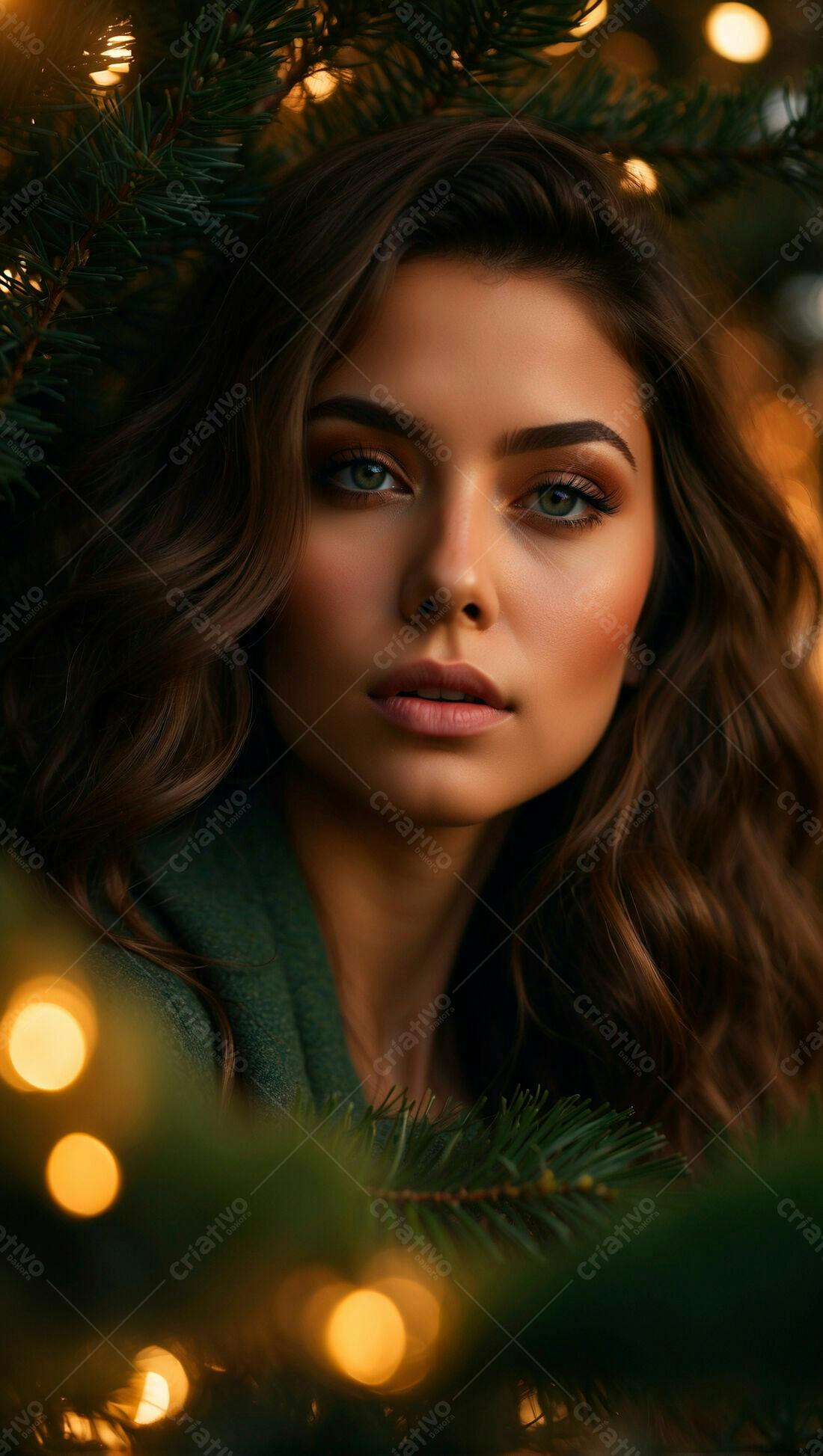 Modelo com Cabelo Castanho em Ambiente Natalino