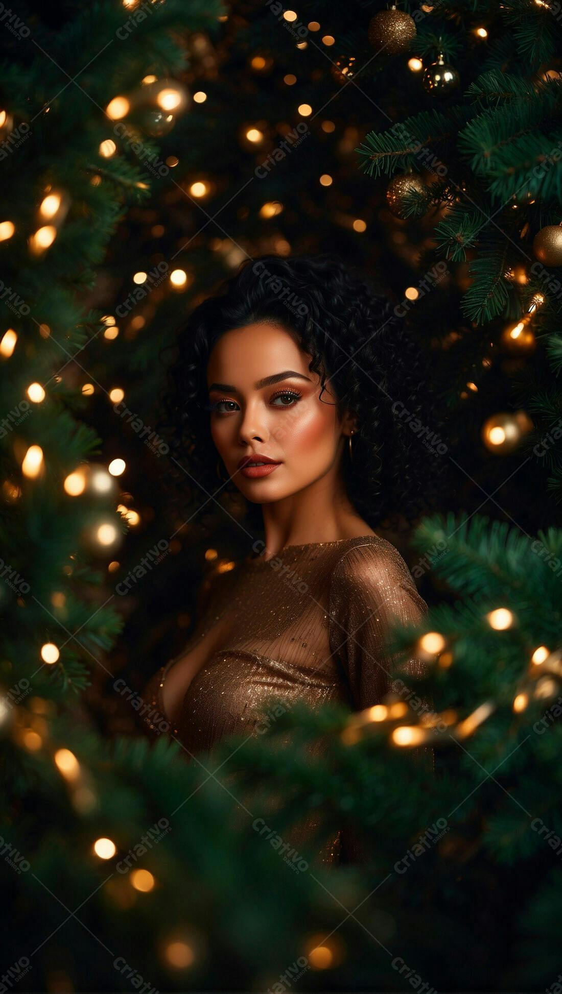 Mulher elegante em vestido dourado Natal