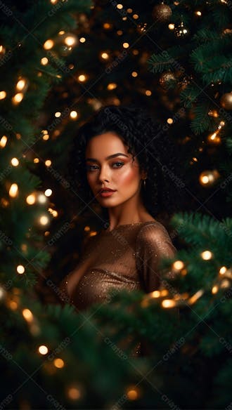 Foto de uma linda mulher com tematica de natal com árvores de natal