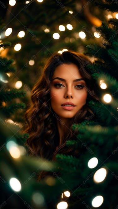 Foto de uma linda mulher com tematica de natal com árvores de natal