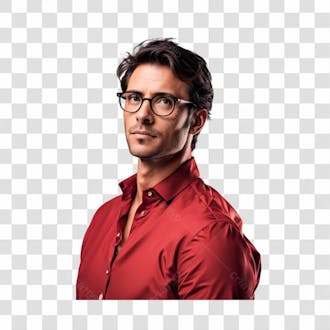 Homem branco olhando de lado com camisa vermela e com com óculos playground ai