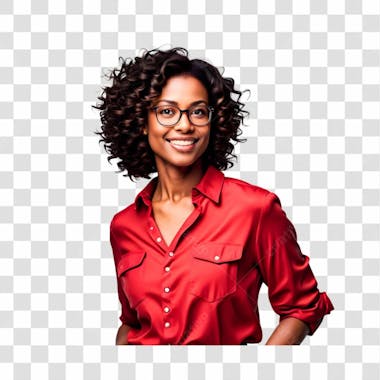 Mulher negra cabelo encaracolado com oculos e camisa vermelha playground ai