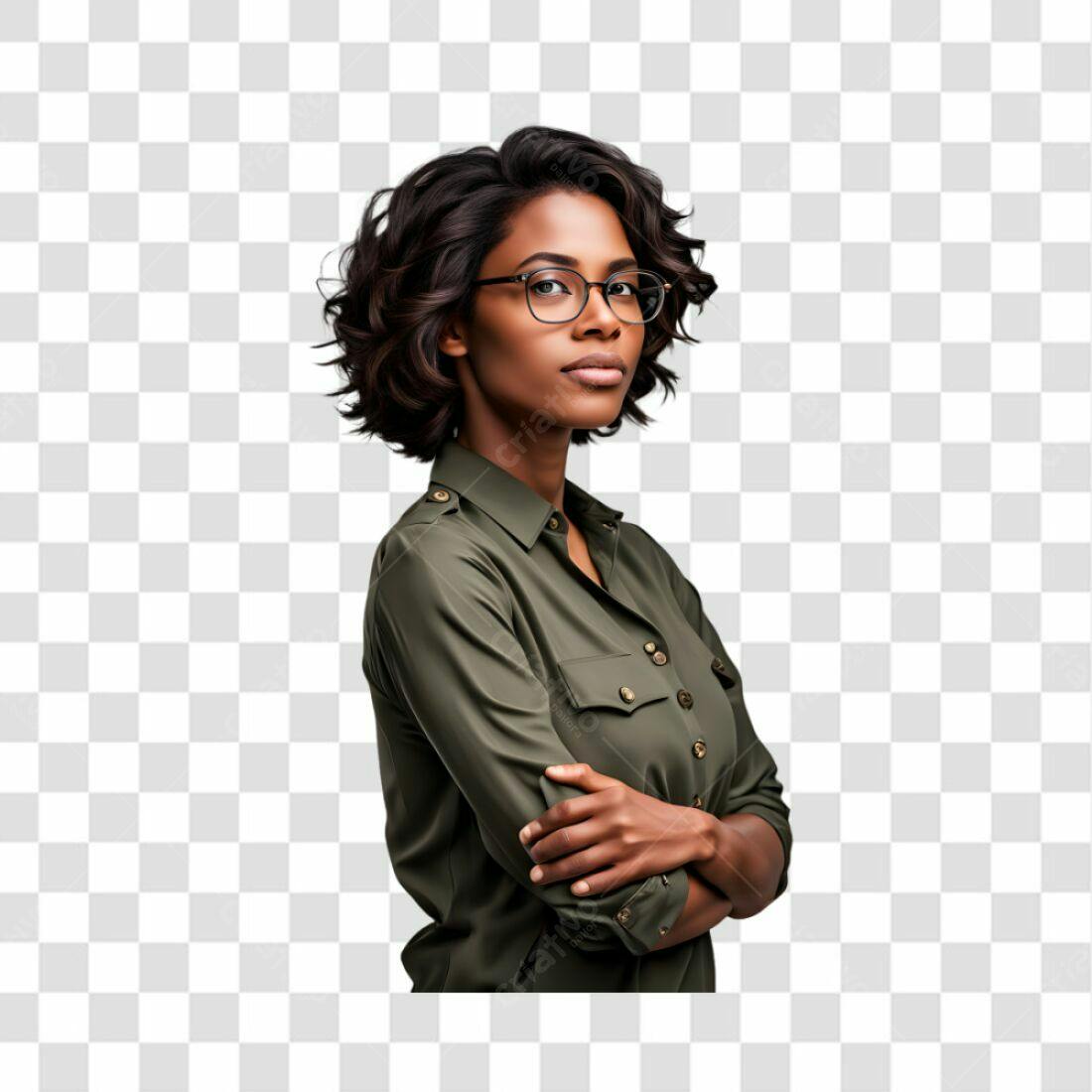 Imagem PNG mulher negra óculos camisa verde fundo transparente