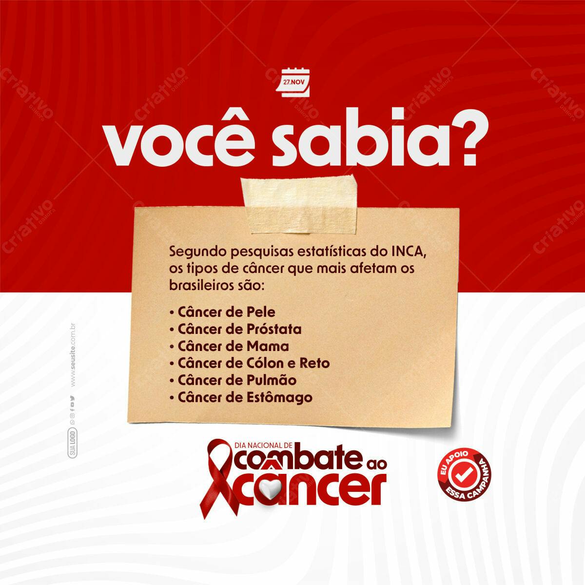 Post para o Dia Nacional de Combate ao Câncer PSD Editável