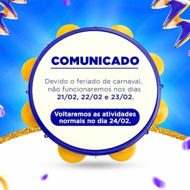 Horário de funcionamento comunicado carnaval