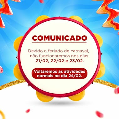 Horário de funcionamento comunicado carnaval