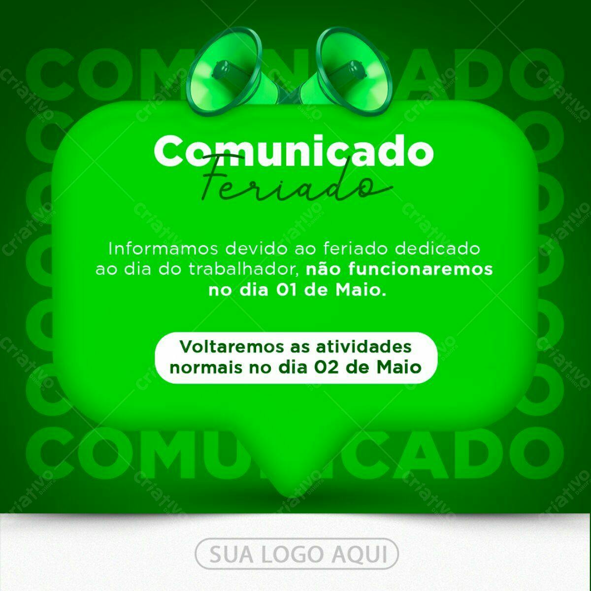 Comunicado Feriado Dia do Trabalho PSD Editável