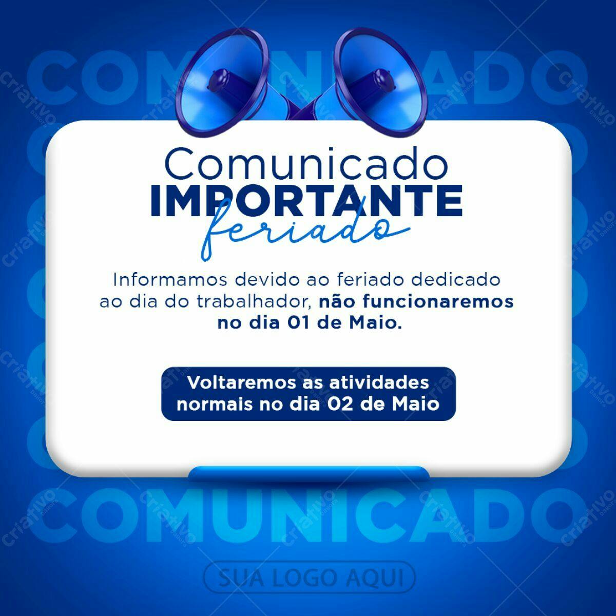 Comunicado de Feriado Dia do Trabalho PSD Editável