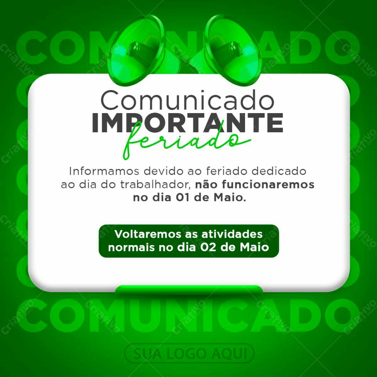 Comunicado Feriado Dia do Trabalhador PSD Editável