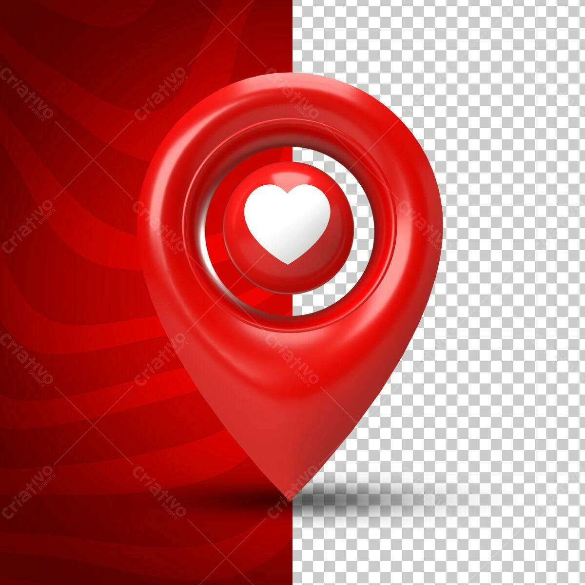 Selo 3D de localização vermelho com coração