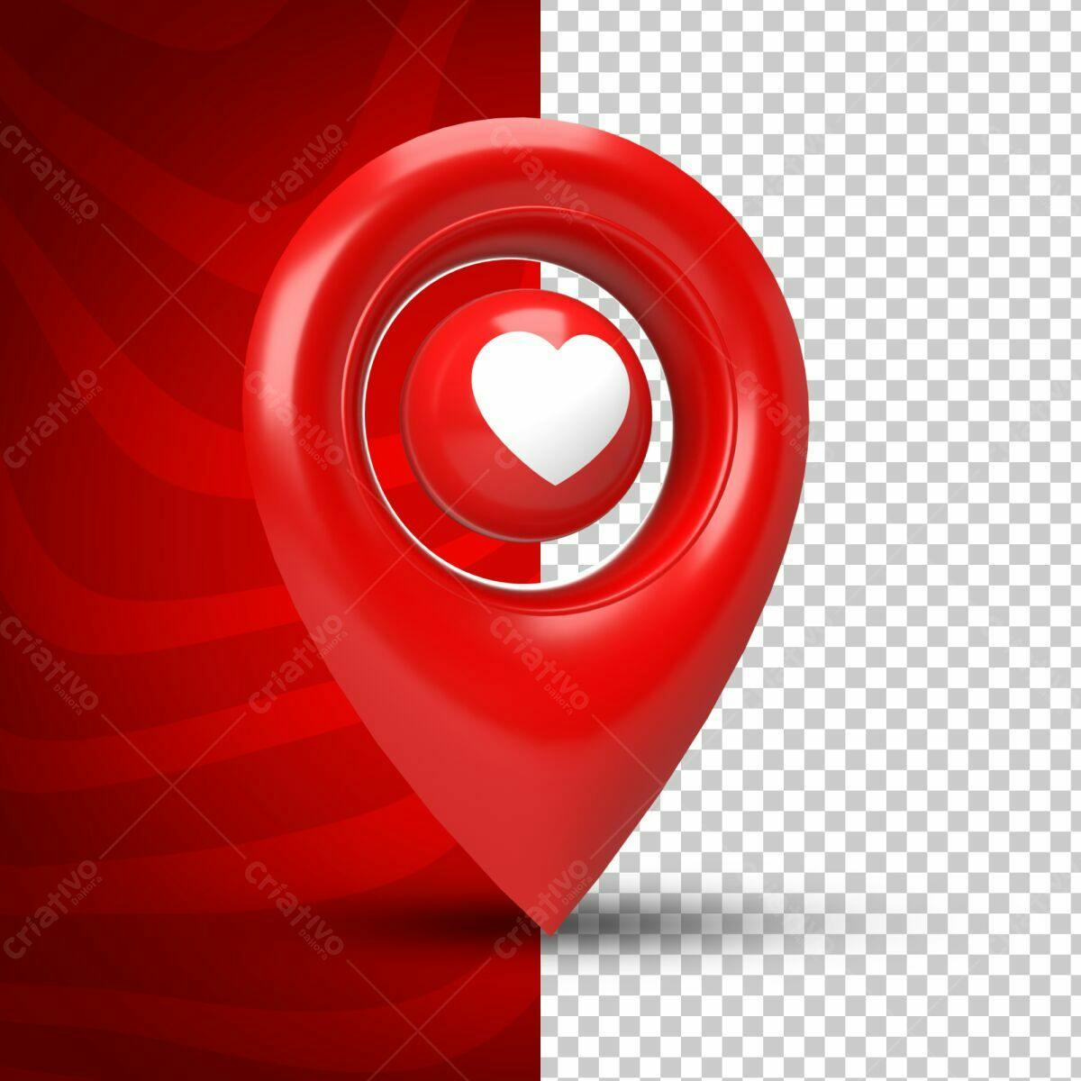 Selo 3D de localização vermelho com coração