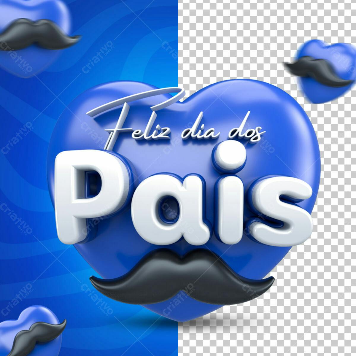 Selo 3D Dia dos Pais Azul e Branco em Formato de Coração