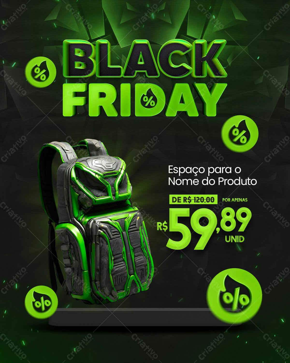 Flyer Black Friday Mochila Gamer Verde e Preto PSD Editável