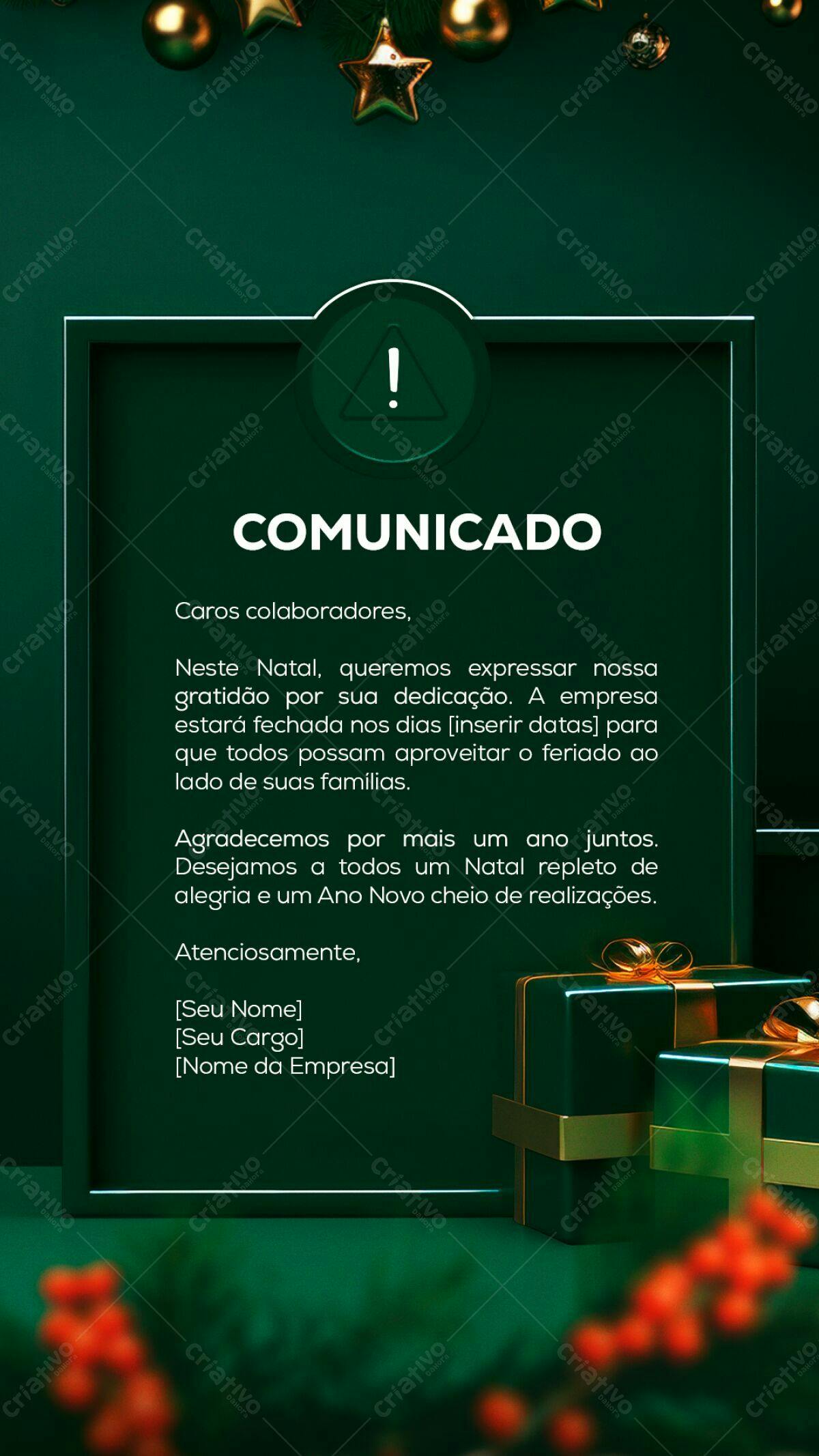 Comunicado de Natal Verde e Dourado PSD Editável